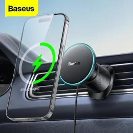 충전기 Baseus Car Phone Holder iPhone 용 무선 충전기 패드 14 13 12 Pro Max Samsung 15W LED 빠른 충전 자기 무선 충전기