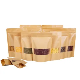 50pcs 9x14 10x15 15x22 18x26cm Kraft Paper Matte Window Zipper Bag Brown Reusable Self-Sealing Candy Bread Cookie Gift Bag