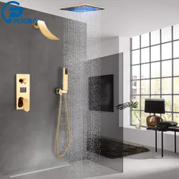 Золотой водопад душевой смеситель светодиодный светодиодный душ набор настенный душ микшер цифровой температурный дисплей скрытый для душевой воды кран