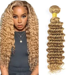 #27 Bundles Human Hair Honey Blonde Deep Wave Bundles #27 Blonde Wet And Wavy Bundles 14 Inch Peruvian Virgin Remy Hair 1 Bundle Soft Hair Extensions For Women