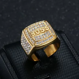 Hip Hop Square Stainless Steel BOSS Letter Casting Ring Real Gold Plated Jewelry