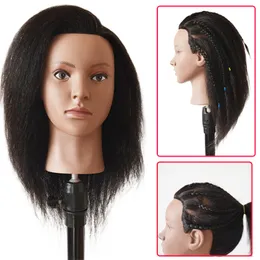 Arican100%verkligt mänskligt hår mannequin huvud svart tjockt hår 14 tum afro träning huvud kit kosmetolog docka styling huvud med klämma