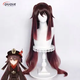 Yüksek Kaliteli Oyun Etki Hutao Cosplay Wig Hu Tao 110cm Uzun Kahverengi At kuyruğu Isıya Dayanıklı Sentetik Saç Perukları + WIGCAP