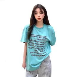 Lake blue printing letters Casual shirt Women Tshirt loose Cotton tshirt tops Summer short tees S M L 240410
