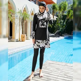 Женщины мусульманские скромные купальники с хиджаб 3pcs с длинным рукавом с длинным рукавом с цветочным принтом с полным покрытым исламским купальником консервативный купальный костюм