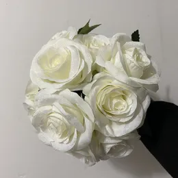 10 huvuden Bourgogne Flowers Bouquet Silk Rose Flower White Bridesmaids Bouquet Artificial Flower Buquets Wedding Home Decoration