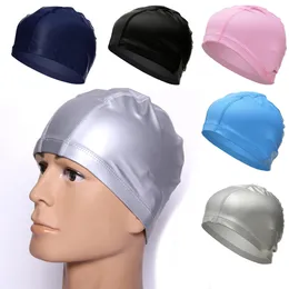 Swimming Cap Elastic Waterproof Pu Fabric Protect Ears Långt hår Sport Simpool Hatt gratis storlek för män Kvinnor Vuxna