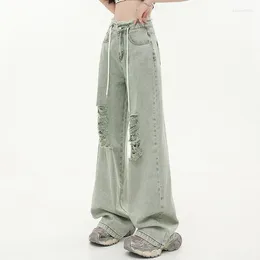Women's Jeans 2024 Arrival Apring Summer Women Cotton Denim Hole Design Full Length Button Waist Loose Wide Leg Pants V662