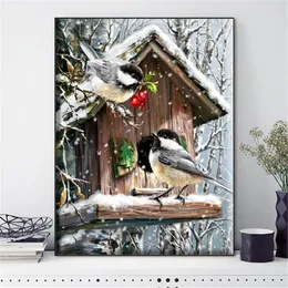 Huacan Cross Stitch Bird Animal Feedlework Mets for Entervroidery Winter Scenery Kits White Canvas 14ct DIY Decor 40x50cm