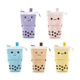 1 SET Söt Boba Milk Tea Telescopic Pen Bag Pencil Holder Stationery Case Stand Up Pencil Case Stationery Pouch Box For Students
