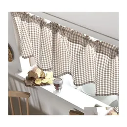 カーテンドレープTLE Sheer Cotton Linen Grid Short Roman Window for Home Living Room decoration voile in the Kitchen Cafe P Homefavor Dhn0U