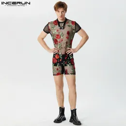 INCERUN 2024 American Style Sexy New Men Homewear Jumpsuits Perspective Thin O-Neck Flower Printing Short Sleeve Bodysuits S-3XL