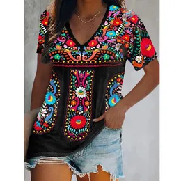 Fashion T Shirts Ethnic Floral 3D Stampa Vneck Tees Women Retro Boho Tops Streetwear Harajuku Tshirt oversize Female Abbigliamento 240319