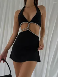 Casual Dresses Hirigin Black Sexy Halter Cut Out Mini Dress For Women Summer Rave Festival Outfits Straps V Neck Skinny Wrap