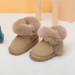 Boots 2023 New Winter Baby Boots Leather Warm PLush Girls Boots Soft Sole Zip Side Fashion Toddler Children Snow Boots 1525