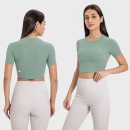 LU 2.0 Ribbed Håll tät beskärd längd T-shirt för kvinnor mjuk fyrvägs sträckning naturligt andningsbar smal fit yoga löpning skjorta