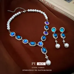Sier -Nadel Diamant Elliptischer Perle Quaste Ohrringe Halskette Set Französisch Modelicht Eleganzschmuck