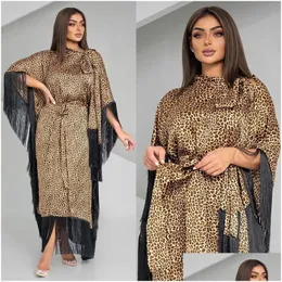 Ethnische Kleidung moderne Frauen Mode Abendkleid Fledermaushülsen Quasten Kaftan Leopard Print Party Kleider elegante arabische Dubai Robe Dh9lu