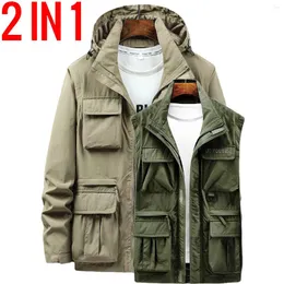 Herrenjacken 2024 2 EN 1 Männer Taktische Jacke Spring Schnell trockener Militärstil Army Coat Multi -Taschen -Kapuze -Windbreaker wasserdichte Bomber