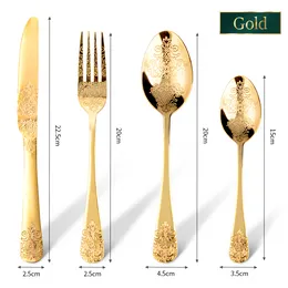 Gold Luxury Cutlery Sets Fork Spoons Knife Silverware Kit Vintage Carved Tableware Set European Dinnerware For Home Kitchen