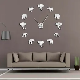 Relógio de elefante de elefante de elefante de espelho acrílico grande relógio silencioso movimento de relógio pendurado adesivos de relógio de parede Horloge Decoração da sala de estar