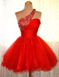 Hot Fashion Red Short Cocktail Party Dress One Shoulder Backless Pleated Tulle Beading Crystals Homecoming Birthday Clows Robe de Soiree