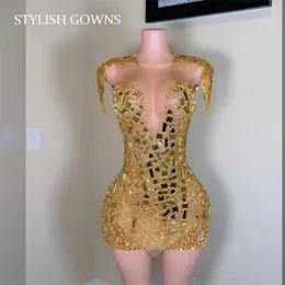 Party Dresses Sexy Gold Sheer O Neck Short Prom Dress For Black Girls Beaded Sequined Birthday Mini Cocktail Homecoming Abiti Da