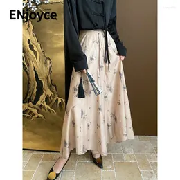 Frauenhose genießen Frauen Vintage Zen Style Tinte gedruckte chinesische Straßenwäsche mit floralen Vorhängen Weitbein Röcke Frühling Herbst