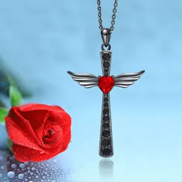 Nowy modny czarny złoty anioł skrzydełka krzyżowa dla kobiet w kształcie serca kryształowego naszyjnika w kształcie serca