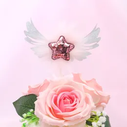 1pc Gold Shiny Heart Angel Wings Kuchen Topper Glitzer rosa Bogenknoten Cupcake Top Flagge Glitter Star Geburtstagdekoration Kuchenzubehör