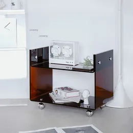 Enkel sovsal lägenhet sidobord för hushållsmöbler dubbelskikt förvaringshylla sovrum akryl nattbord med hjul