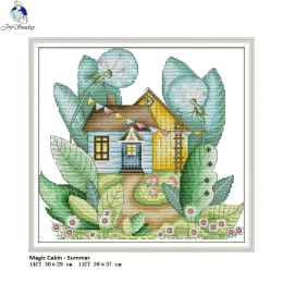 Joy Sonntag Four Seasons Magic Cottage Muster DIY Handkreuzstich Kits Gedrucktes Leinwand DMC Cross-Stitch Stickeledle-Arbeiten gedruckt