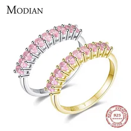 حلقات الفرقة Modian Romantic Pink Cubic Zirconia Ring مع 925 Sterling Silver Luxury Fishing Finger Ring J240410