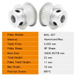 MXL-35T Belt Pulley Bore 5/6/6.35/7/8mm Teeth Pitch 2.032mm Alloy Pulley Wheels Teeth Height 11mm For Width 10mm MXL Rubber Belt