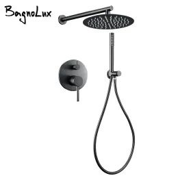 Bagnolux Gun Grey Bath Chuser Set Cabeça de latão Rianfall Combo Arm de parede de parede Hot e Cold Mixer Diverter Torneira de banheiro