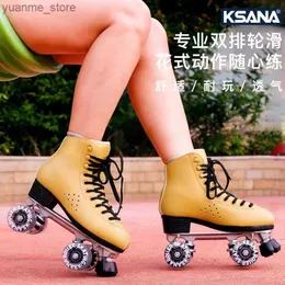 인라인 롤러 스케이트 Ksana Mens and Womens Double Row Roller Skates Shoes Patines Microfiber Leather Foot Protection Four Wheels 알루미늄 합금 Y240410