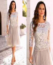 Newest Short Mother Of The Bride Dresses Lace Tulle Knee Length 34 Long Sleeves Mother Bride Dresses Short Prom Dresses7356067