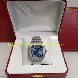 실제 사진 남성 다이아몬드 시계 상자 자동 남성 블루 로마 숫자 다이얼 베젤 W4SA000 스테인리스 스틸 브레이슬릿 100 XL 기계 스포츠 시계 손목 시계