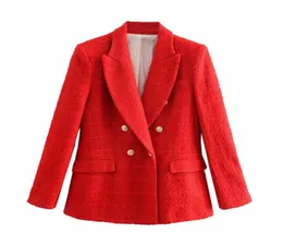 Ever Mody Women Double Breasted Long Sleeve Za Red Tweed Slim Blazer Outwear Chic Lady Casual Taschen Dicke Jacken 2104213815919