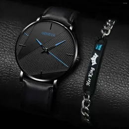 Нарученные часы 2pcs watch Men Men Fashion Black Quartz Luxury Men's For Pu мужские часы Relogio Masculino