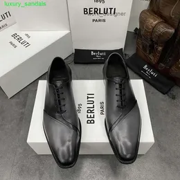 BERLUTI Mens Dress Shoes Leather Oxfords Shoes Berlut New Mens Venezia Leather Spliced Oxford Shoes Handmade Color Polishing Formal Business Leather Shoes HBL LO73