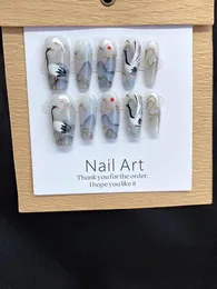 Nails artesanais Conjunto Pressione Fake Long Luxury com cola design de tinta de mão chinesa acrílico Dicas de unhas de capa completa para meninas 240328