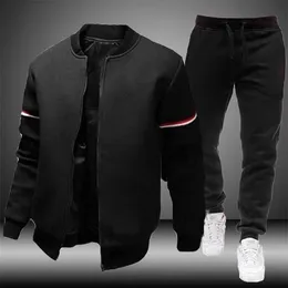 Mens Jacket Fashion Casual Bomber Sweatpants 2 Piece Set Solid Color Slim Stand Collar Coats Tracksuit Plus Size 240409