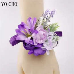 Yo cho bröllop corsages brudgummen boutonniere vit lila siden rose man broscher bröllop brudtärnor handledsarker armband blomma