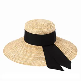 European American Style Wide Bow Tie Ribbon Flat Top Large Brim Straw Hat Sun Protection Big Natural Wheat 240410