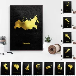 Golden Map Art Ryssland Italien Polen Marocko Canvas Målning Art Print Poster Picture Wall Modern Minimalistiska sovrumsdekoration