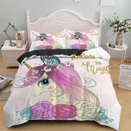 Children Bedding Sets Gifts Unicorn and Colorful Horse Printing Duvet Cover Sets for Kids Girls Boys 2/3 Pcs Single Pink Quilts