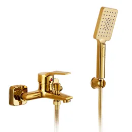 Mttuzk настенный монтированный с твердым латунным золотом смеситель для ванны с ручным душем для ванной комнаты горячий холодный душ смеситель