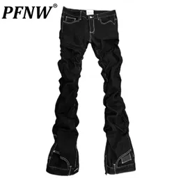 PFNW Spring Autumn Mens Light Line Pleated Slim Denim Pants Fashion Straight Niche Design Vanguard Darkwear Jeans 12A7609 240322