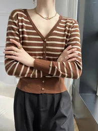 Kvinnors stickor Longming Fashion V Neck Stripe Cardigan för 2024 Spring Cardigans Vintage Tops Chic Long Sleeve Knit Korean